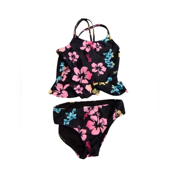 Hurley Other - EUC Hurley Floral Kids Swim Set - Black with Pink and Blue Tankini Bikini Two Pi